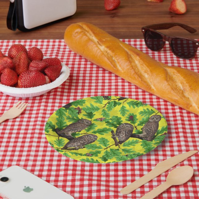 Plato De Papel Búhos en el bosque sobre amarillo limón (Picnic)