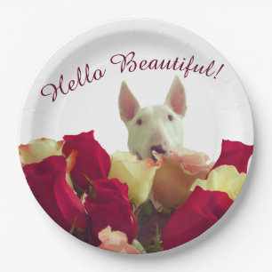 Plato De Papel Bull terrier con saludo de rosas - Hola hermosa