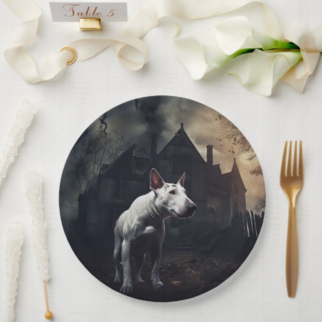 Plato De Papel Bull Terrier Halloween Aterrador (Boda)