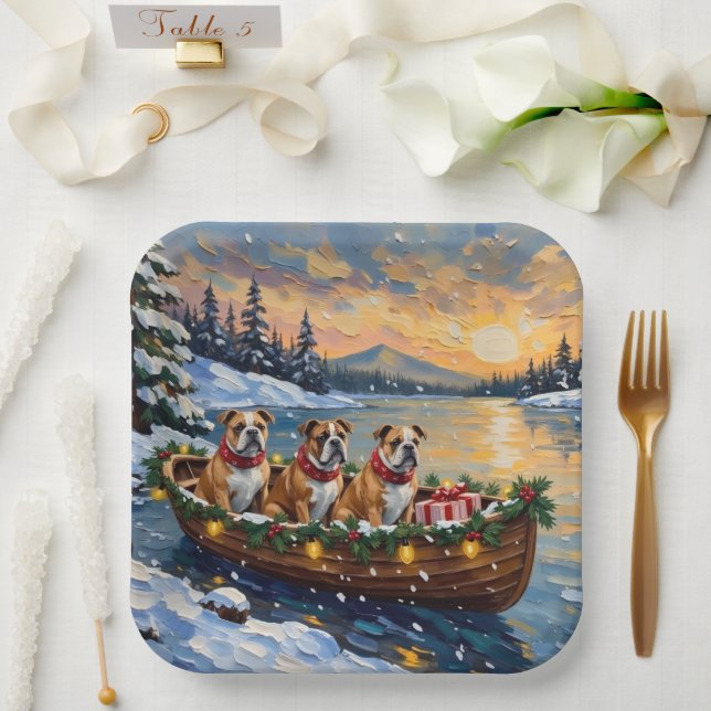 Plato De Papel Bulldog Christmas Boat Holiday (Boda)