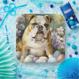 Plato De Papel Bulldog con huevos de Pascua festivos