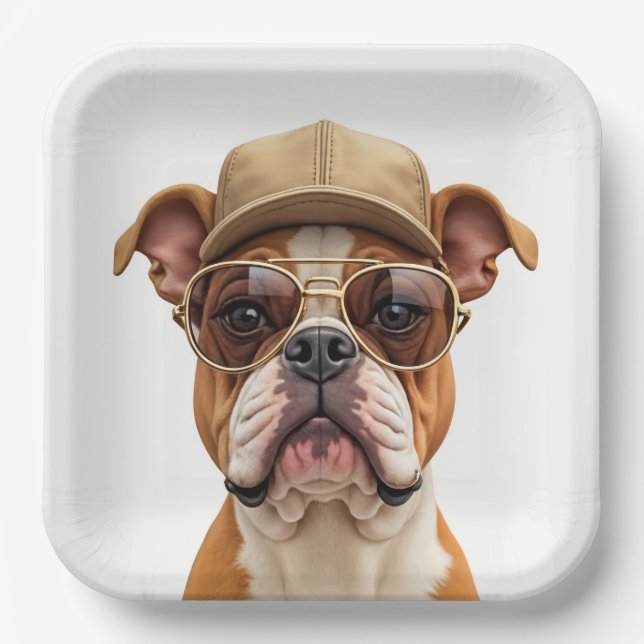 Plato De Papel Bulldog con tapón y gafas de sol (Anverso)