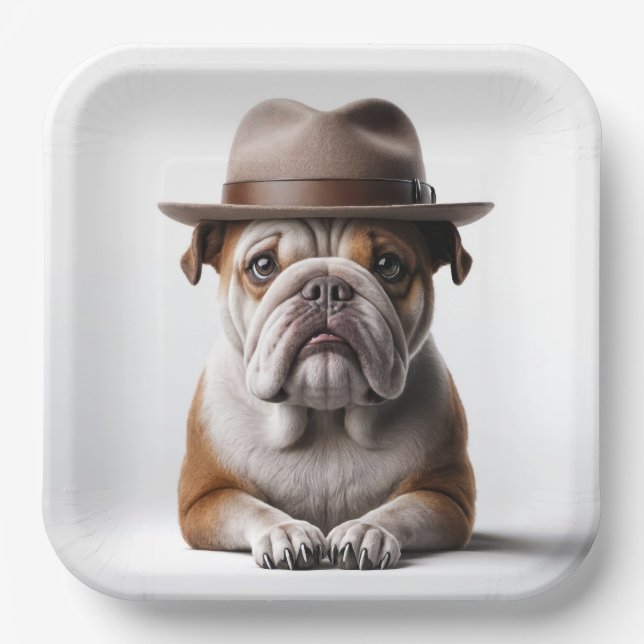 Plato De Papel Bulldog con un sombrero Fedora (Anverso)