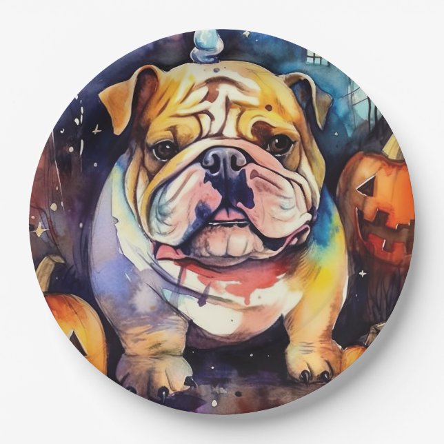 Plato De Papel Bulldog de Halloween con calabazas temerosas (Anverso)