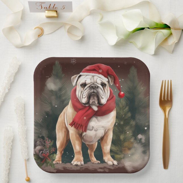 Plato De Papel Bulldog en Navidades de nieve (Boda)