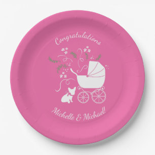 Plato De Papel Bulldog francés Baby Shower Frenchy Frenchie Rosa