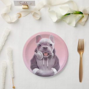 Plato De Papel Bulldog francés con Ilustracion de audífonos