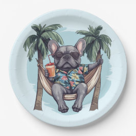 Plato De Papel Bulldog Francés con Top Hawaiano