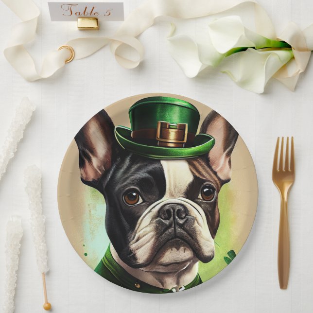 Plato De Papel Bulldog francés con vestido de San Patricio (Boda)