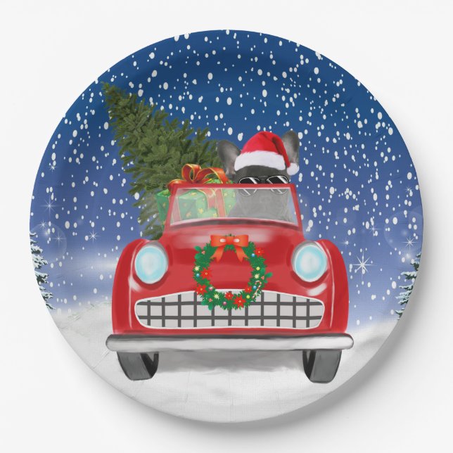 Plato De Papel Bulldog Francés Conduciendo Coche En Navidades De  (Anverso)