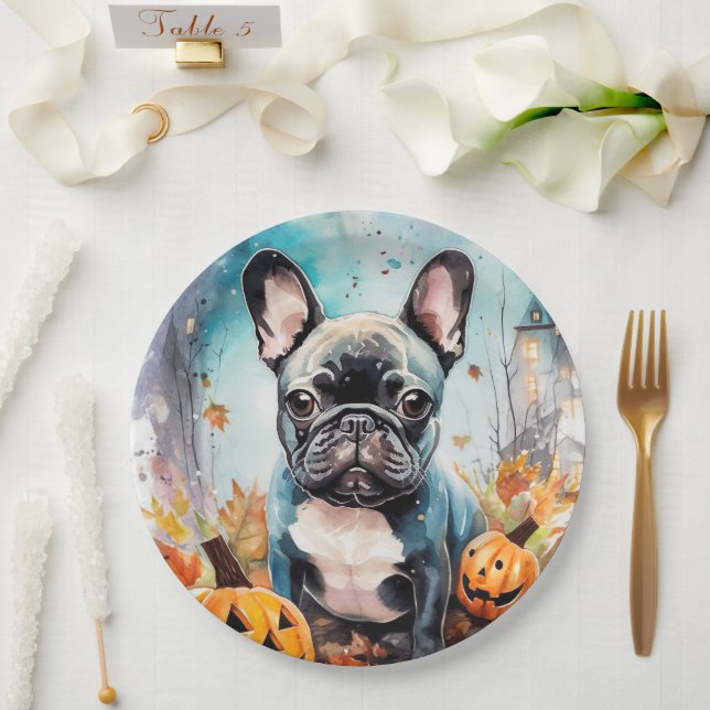 Plato De Papel Bulldog francés de Halloween con calabazas temeros (Boda)
