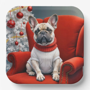 Plato De Papel Bulldog Francés de Navidad en una Silla Roja