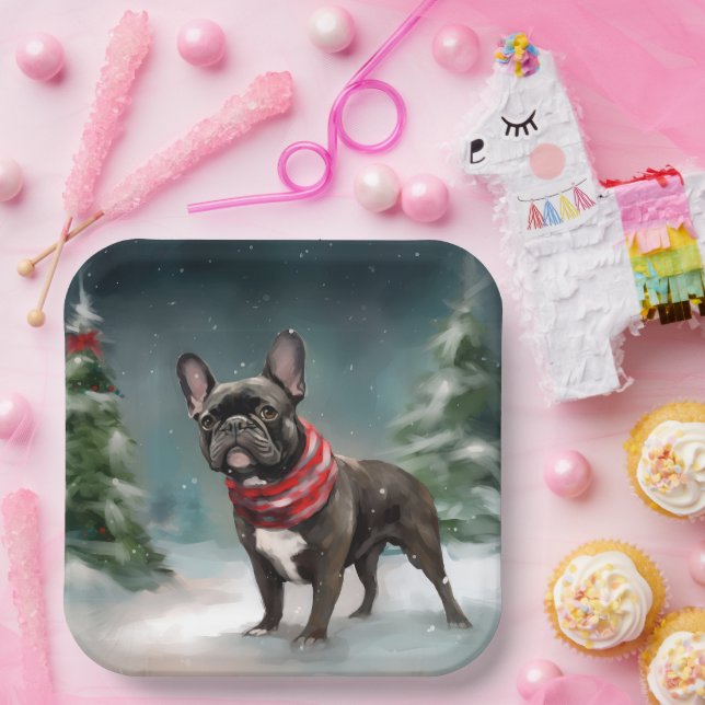 Plato De Papel Bulldog francés en Navidades de nieve (Fiesta)