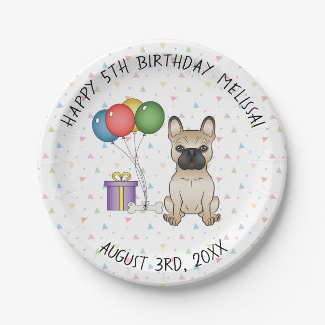 Plato De Papel Bulldog francés Fawn Cartoon Dog - Cumpleaños (Anverso)