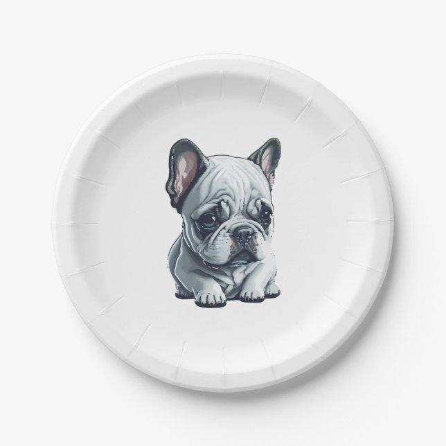 Plato De Papel Bulldog francés juguetón sentado  (Anverso)