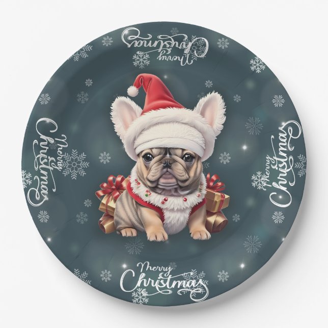 Plato De Papel Bulldog francés lindo Santa Hat Feliz Navidad (Anverso)