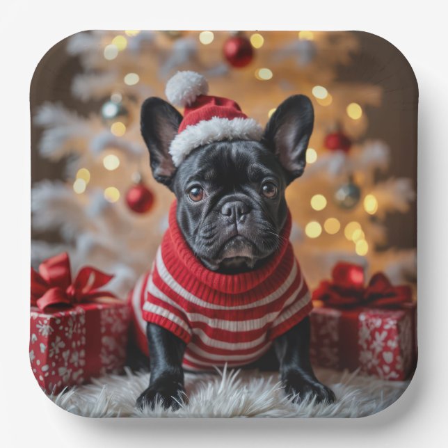 Plato De Papel Bulldog francés navidad con Santa Hat (Anverso)