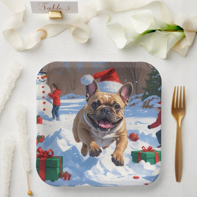 Plato De Papel Bulldog francés postula en nieve con Gorra Navidad (Boda)