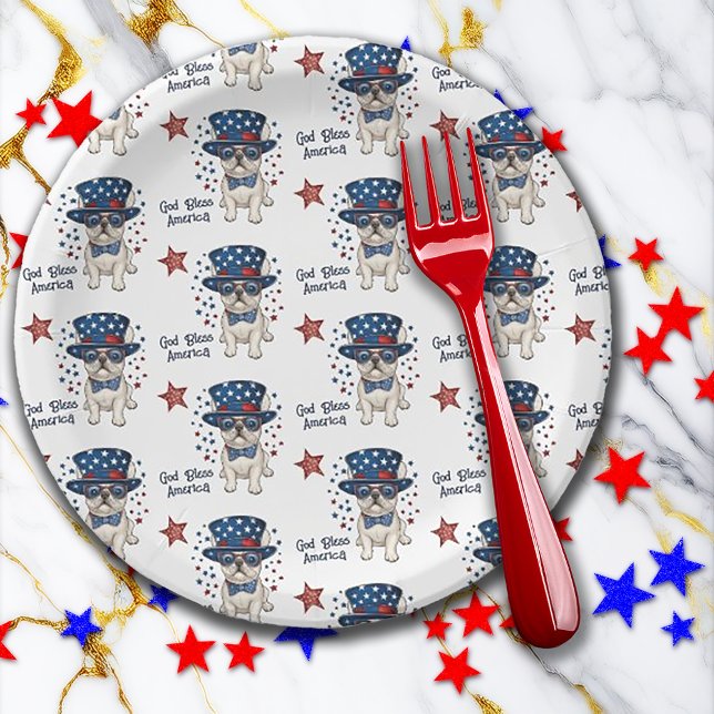 Plato De Papel Bulldog francés Rojo Azul Blanco Whimsical Patriót (French Bulldog Red White Blue Whimsical Patriotic Paper Plates)