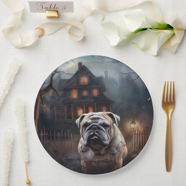 Plato De Papel Bulldog Halloween Scary (Boda)