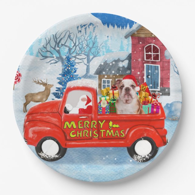 Plato De Papel Bulldog inglés en camionetas de entrega de Navidad (Anverso)
