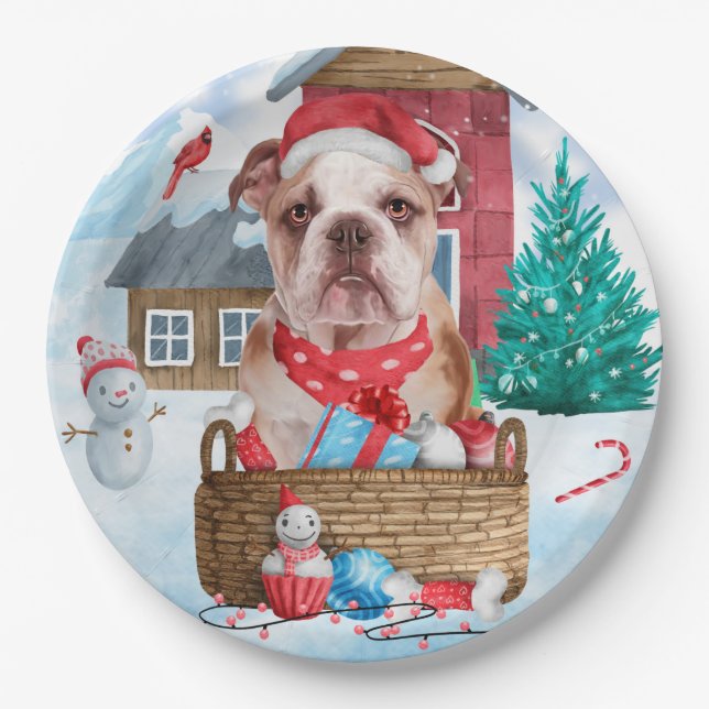 Plato De Papel Bulldog inglés en casa de perros de Navidades de n (Anverso)