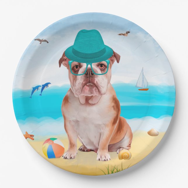 Plato De Papel Bulldog inglés en la playa (Anverso)