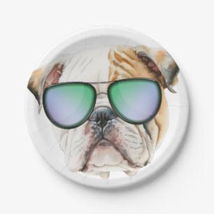 Plato De Papel Bulldog inglés lindo con gafas de sol, perrito gra