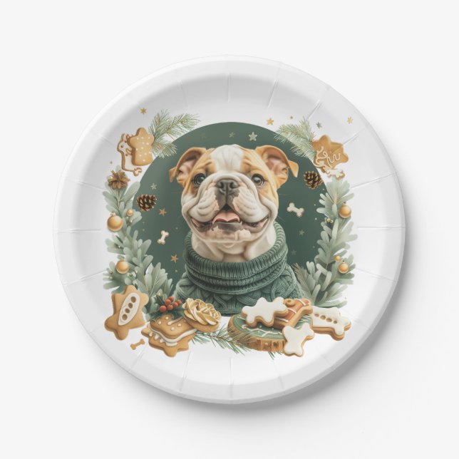 Plato De Papel Bulldog inglés navidades (Anverso)