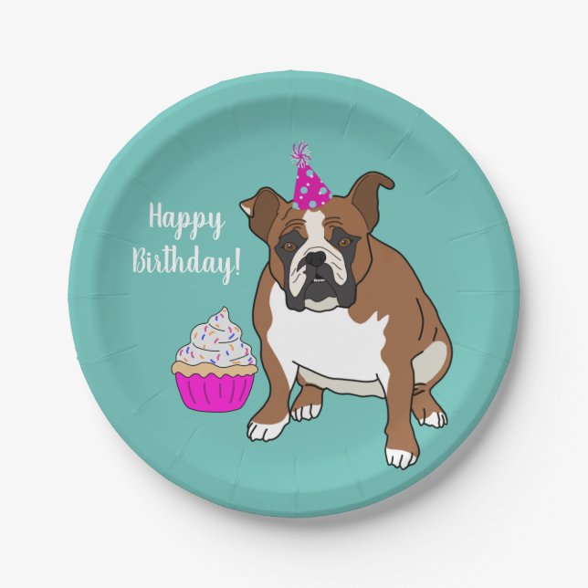 Plato De Papel Bulldog inglés personalizable Cumpleaños (Anverso)