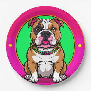 Plato De Papel Bulldog Inglés sobre un fondo vibrante