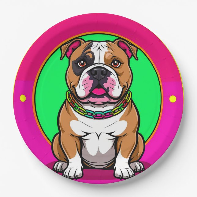 Plato De Papel Bulldog Inglés sobre un fondo vibrante (Anverso)
