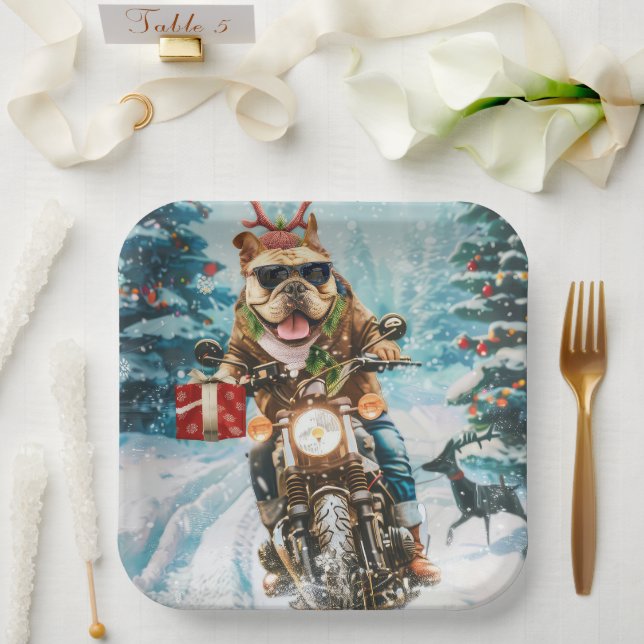 Plato De Papel Bulldog Montando Motocicleta Navidad (Boda)