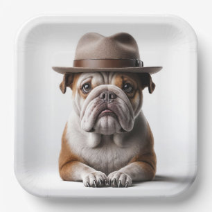 Plato De Papel Bulldog Usando un Fedora