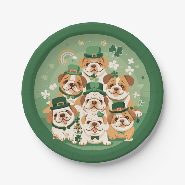 Plato De Papel Bulldoges en inglés del Día de San Patricio (Anverso)