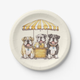 Plato De Papel Bulldogs Ingleses Dirigiendo Un Puesto De Limonada