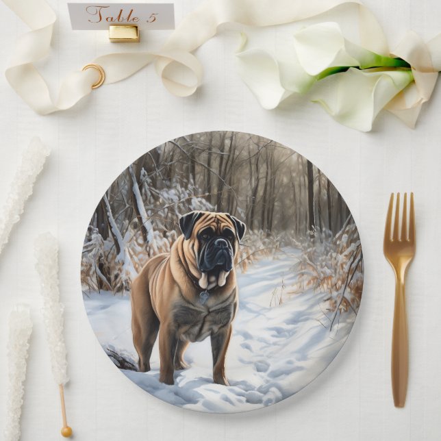 Plato De Papel Bullmastiff deja que nieve Navidades (Boda)