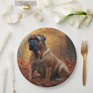 Plato De Papel Bullmastiff en hojas de otoño caídas inspiran