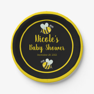 Plato De Papel Bumble Black & Yellow Bee Theme Baby Shower