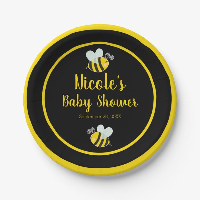 Plato De Papel Bumble Black & Yellow Bee Theme Baby Shower (Anverso)