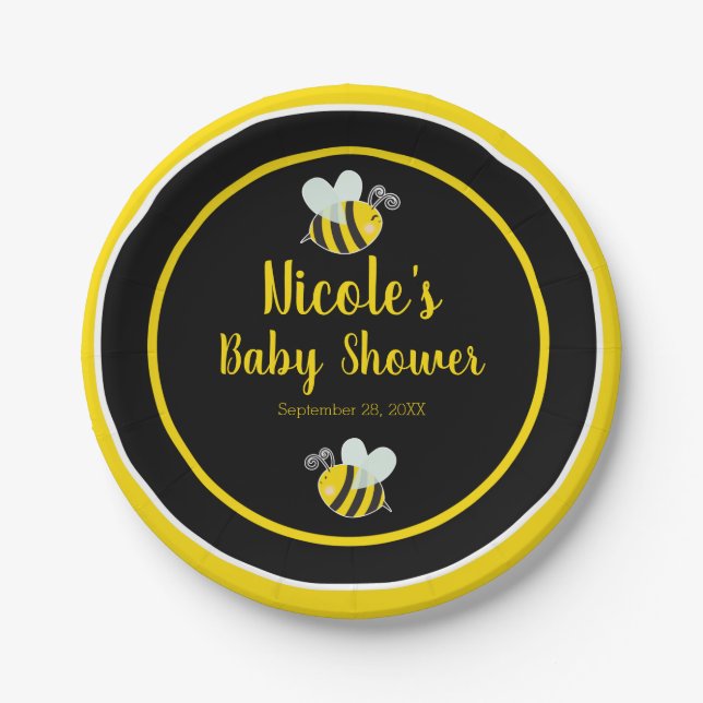 Plato De Papel Bumble Black & Yellow White Bee Ther Baby Shower (Anverso)