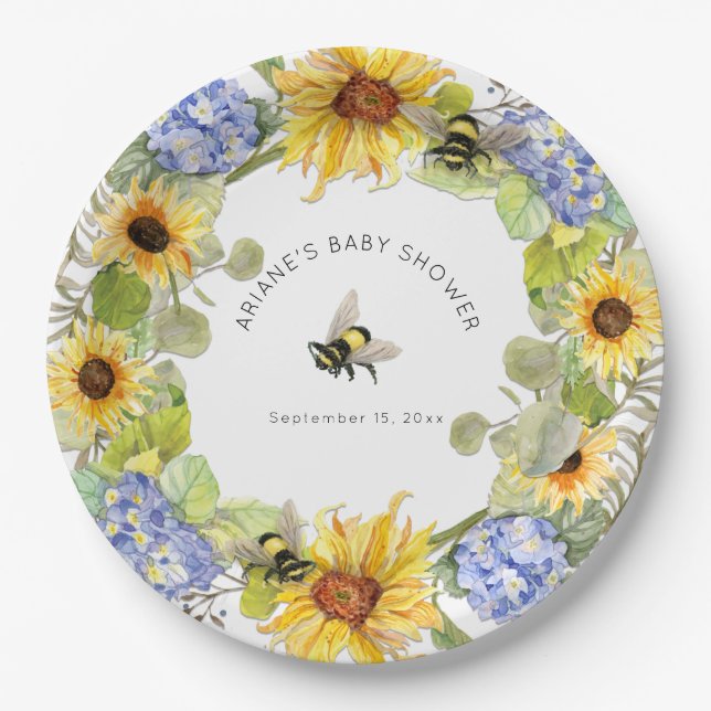 Plato De Papel Bumble de girasol Bee Blue Hydrangea Baby Shower (Anverso)