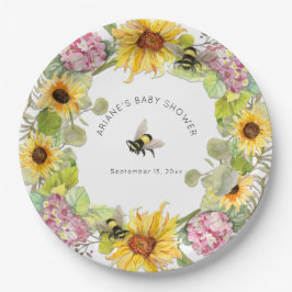 Plato De Papel Bumble de girasol Bee Rosa Hydrangea Baby Shower