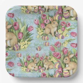 Plato De Papel Bunnies de Pascua en el jardín con tulipanes