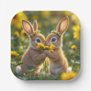 Plato De Papel Bunnies oliendo un girasol amarillo