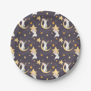 Plato De Papel Bunnies y estrellas de oro en gris