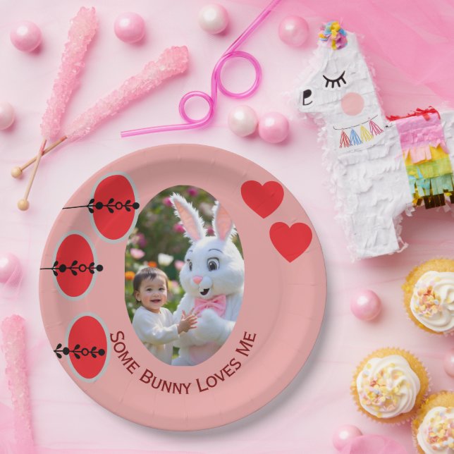 Plato De Papel Bunny and Child photo in Oval Frame &Hearts Easter (Fiesta)