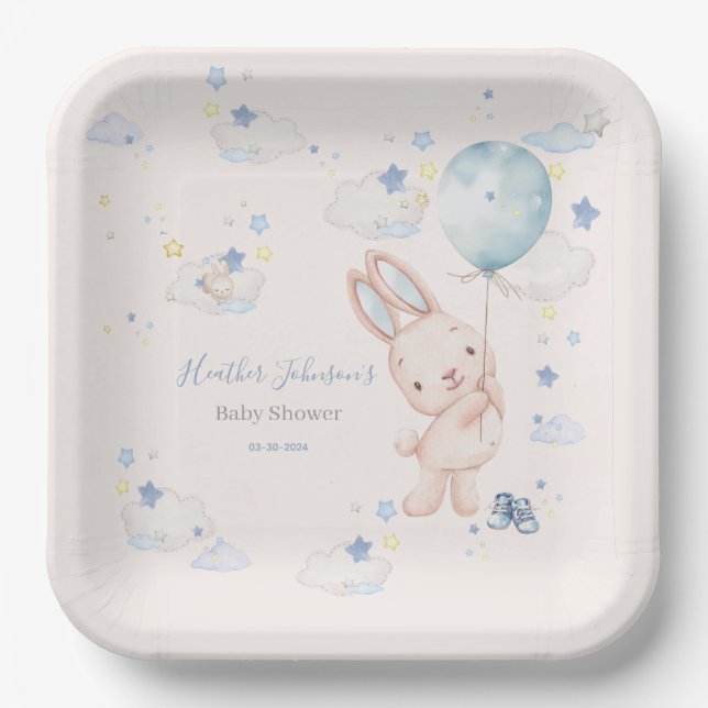Plato De Papel Bunny Baby Shower Boy (Anverso)