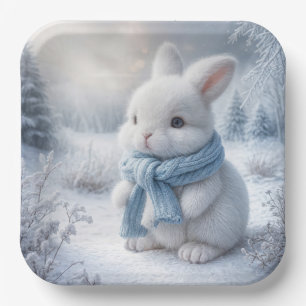 Plato De Papel Bunny blanco con bufanda de invierno