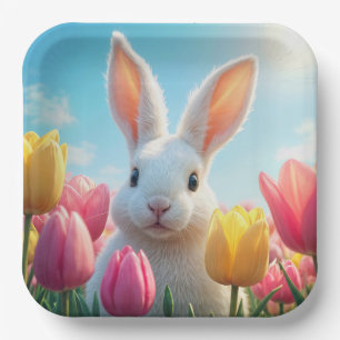 Plato De Papel Bunny blanco de Pascua en Tulips